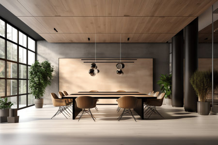 Corner of modern meeting room with wooden and glass walls, concrete floor and long conference table.の素材