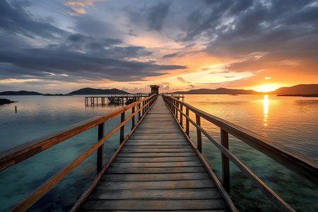 Beautiful seascape with empty wooden pier giving a warm relaxing feelingの素材