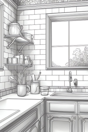 Bathroom graphic home interior black white sketch illustration vectorの素材