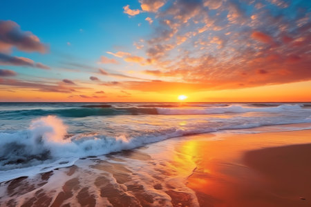 Perfect sunset beach. Idyllic tropical beach landscape for background or wallpaper. Design of summerの素材