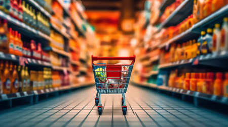 Blurred effect in the Supermarket aisle with empty silver and green shopping trolley, Shopper choosiの素材