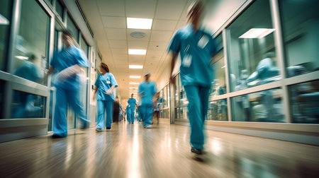 Doctors or nurses walking in hospital hallway, blurred motion.の素材