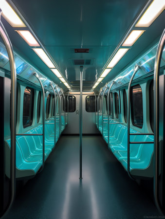 York, UK - Nov 2016: Perspective view interior of dark train cabin with empty aisle and luggage on cの素材