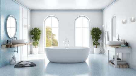 Interior of modern bathroom with blue, tiled and white walls, white floor, gray sink with round mirrの素材