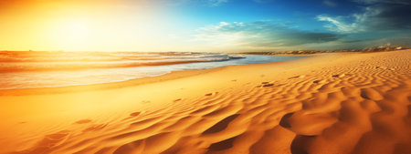 Closeup of sand on beach and blue summer sky. Panoramic beach landscape. Empty tropical beach and seの素材
