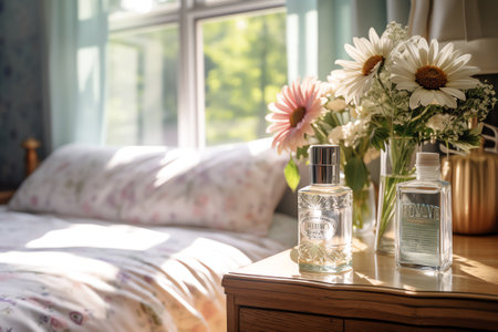 Flowers in vase on bedside table next to king size bed with navy blue beddingの素材