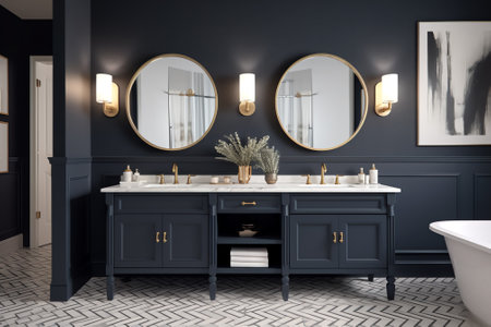 Close up of white sink with oval mirror hanging in on dark blue wall, modern cabinet with black faucの素材