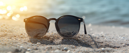 Picture of sunglasses on the tropical beach, vacation. Traveler dreams conceptの素材