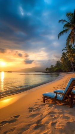 Empty beach chair on the beautiful tropical beach and sea at sunset time - Vintage Filter and Boostの素材