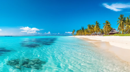 Panorama of idyllic tropical beach with palm trees, white sand and turquoise blue waterの素材