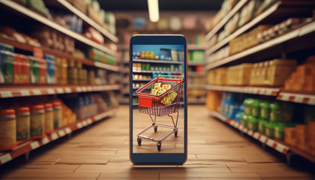 Blurred effect in the Supermarket aisle with empty silver and green shopping trolley, Shopper choosiの素材