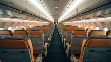 Empty Airplane inside cabin view with colorful seats - travel theme.の素材