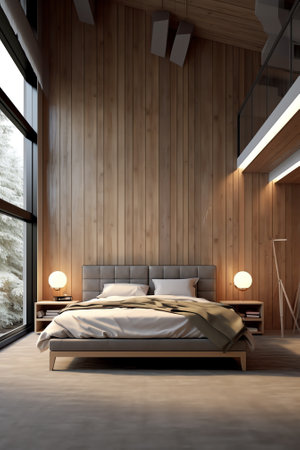 Interior of master bedroom with wooden walls, concrete floor, comfortable king size bed and bookcaseの素材