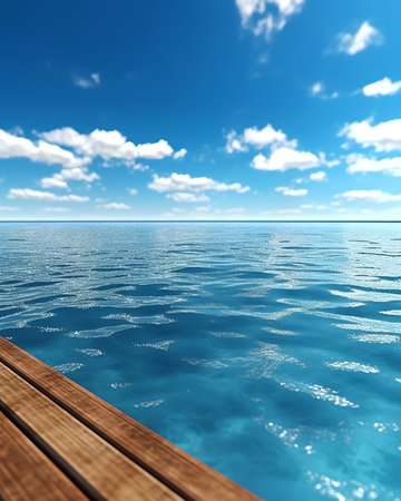 Beautiful wooden floor and blue background, sea water and sky.の素材