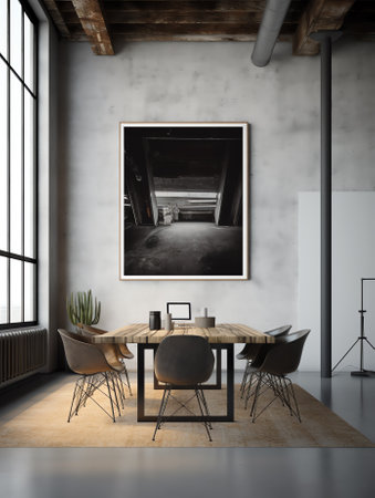 Modern meeting room with empty poster on wall, furniture and city view. Mock up, 3D Renderingの素材