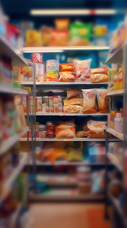 Abstract blurred photo of store in department store, Empty supermarket aisle, Motion blurの素材