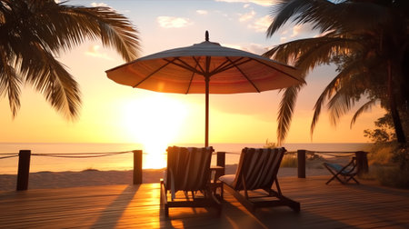 Beautiful tropical sunset scenery, two sun beds, loungers, umbrella under palm tree. White sand, seaの素材