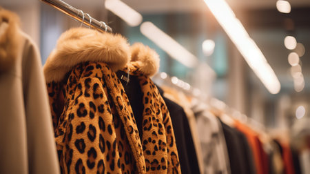 Bokeh image of aisle inside modern fashion store or blurred image of male clothes hanging on rack inの素材