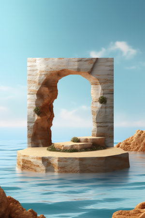 Rock, Stone Stage in nature with Sea sand Beach seashore Landscape and blue sky nature Background weの素材