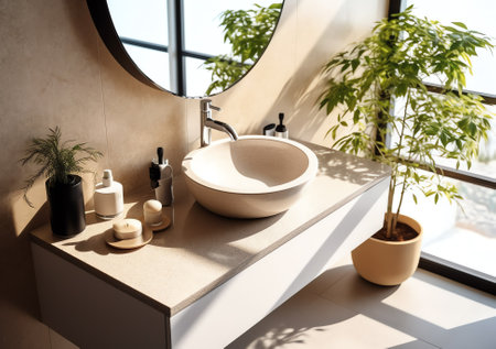3D render close up perspective blank empty space on marble vanity unit counter top in the bathroom wの素材