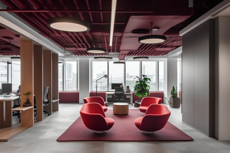 Interior photography of a corporate fit out reception waiting area with grey arm chairs, coffee tablの素材