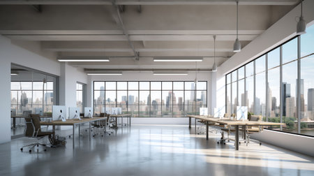 Corner of empty panoramic industrial style office with white walls, concrete floor, row of lamps andの素材