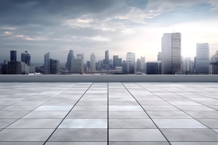 Panoramic skyline and buildings with empty concrete square floorの素材