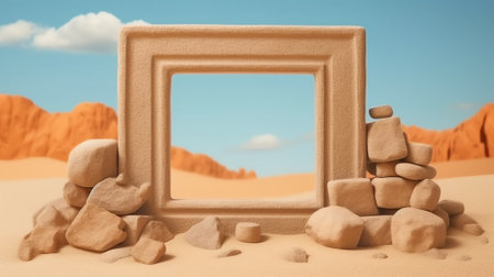 Empty picture frame on the sand beach or desert, Summer tropical background concept. minimal, 3d renの素材