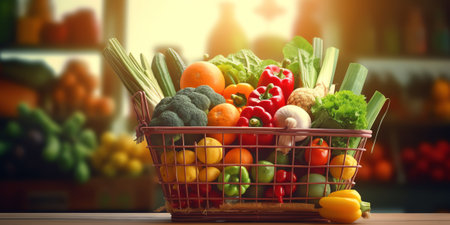 woman hand hold supermarket shopping cart with abstract blur organic fresh fruits and vegetable on sの素材