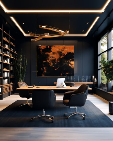 black Chair and Table in Modern Office Room Interior with ceiling Lampsの素材