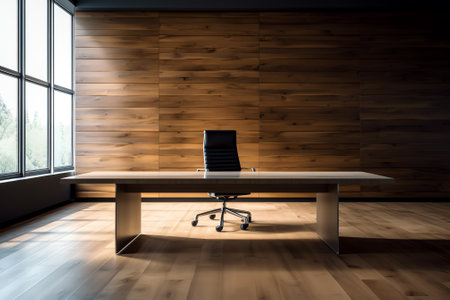 Empty wooden office table with light sunny furnished conference room with large window on backgroundの素材