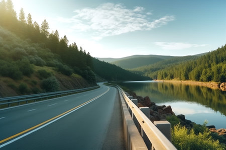 Empty asphalt road near the lake under blue skyの素材