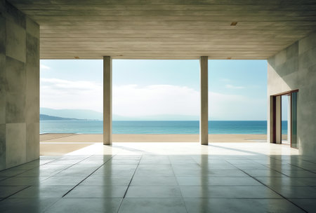 Empty concrete floor and gray wall. 3d rendering of sea view plaza with clear sky background.の素材