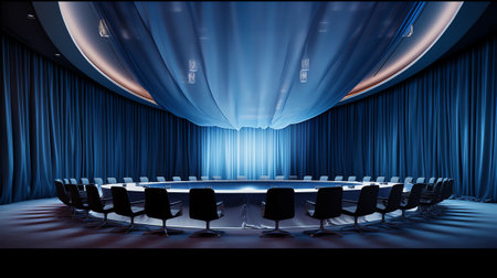 large and modern white auditorium with blue curtainsの素材
