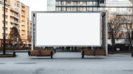 Blank white mockup of bus stop vertical billboard in empty streetの素材