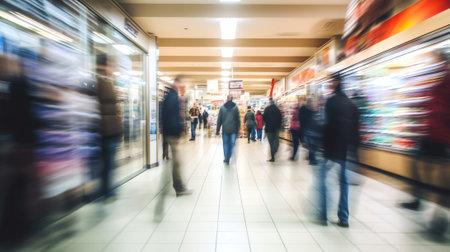 Abstract blurred photo of store in department store, Empty supermarket aisle, Motion blurの素材
