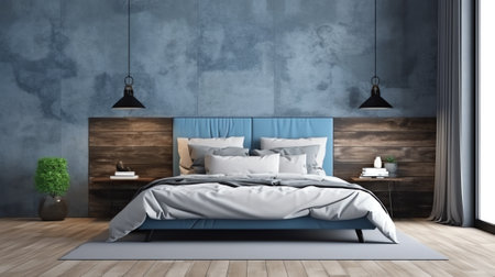 Modern and vintage bedroom design,Cozy gray room concept ,blue wall and wood floor,3d renderingの素材