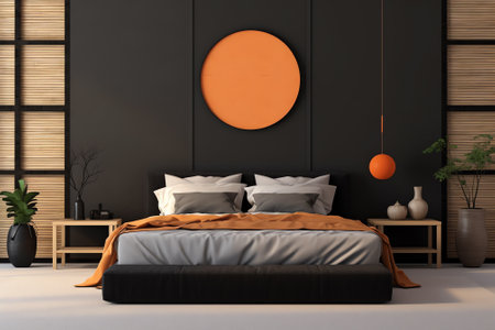 Home interior mockup with orange bed, bench and lamp in bedroom, 3d renderの素材