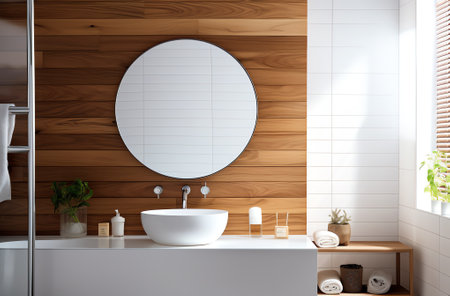 Interior of modern bathroom with white walls, wooden floor, white sink standing on wooden countertopの素材