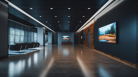 Businessman walking past dark wall business center with modern light conference room with wooden floの素材