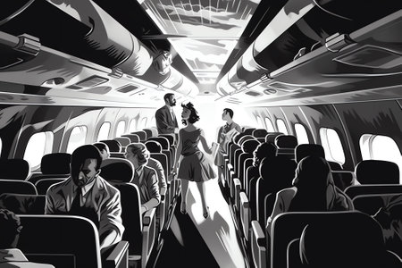 Airplane cabin with seats and screens inside rear view. Dark economy class plane empty interior withの素材