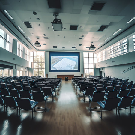 Chairs and projection screen in empty auditoriumの素材