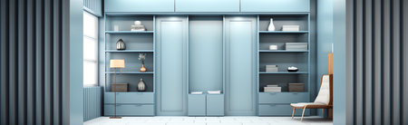 Bedroom interior flat with Vertical Murphy Wall Bed, roll-away pull out bed stored into wardrobe witの素材
