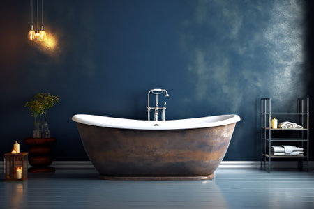 Modern minimalist bathroom interior, modern bathroom cabinet, white sink, oval mirror, concrete flooの素材