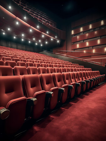 View of Empty Seats with Seat Covers Looking Toward Back of Theater from Empty Stage in Well Lit Venの素材
