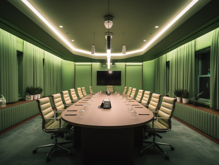 Modern Empty Meeting Room with Big Conference Table with Various Documents and Laptops on it, on theの素材