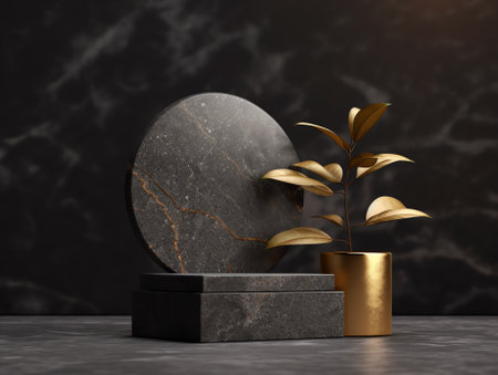 Dark stone podium for beauty and spa cosmetic brand product placement on black background wall. Luxuの素材
