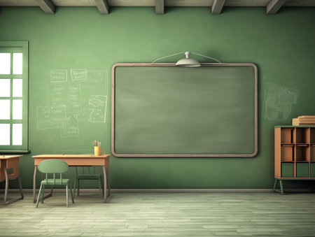 empty school classroom with blackboard. 3D renderingの素材