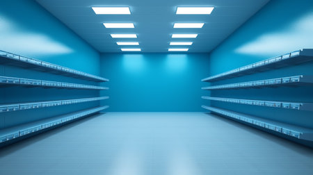 Supermarket interior with empty store shelves. 3d renderの素材