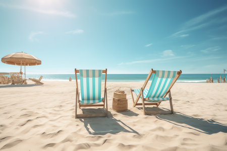 Row of empty wooden beach chairs on a summer day, outdoor photo. Brown sun loungers on shore of lakeの素材